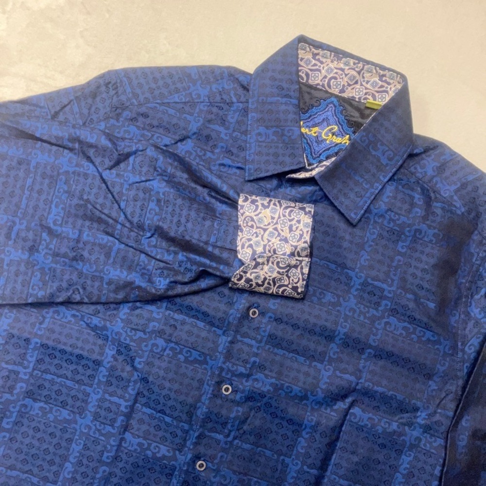 Robert Graham Dress Shirt Men's M Blue Micro Geometric Print Flip Cuff Button Up